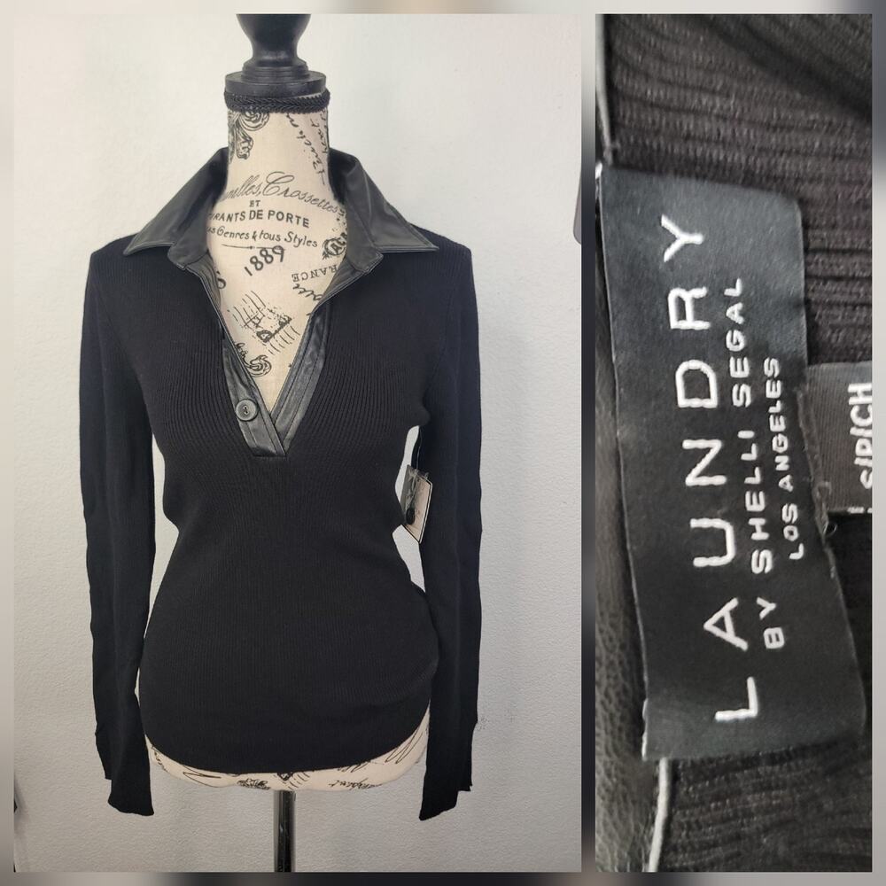 Laundry By Shelli Segal Polo Sweater S Faux Leather Trim Rib Office Siren Prepy